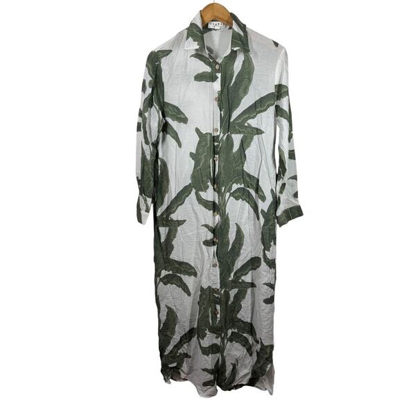 BigHit Dress Women S Green White Palm Banana Leaf Button Down Long Sleeve Boho - Picture 1 of 10